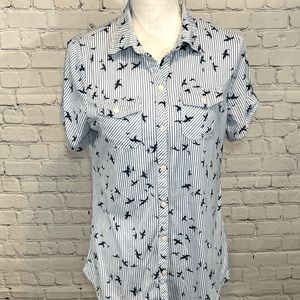 PASSPORT Button Down Short Sleeve Shirt Blue/White Striped Bird Print-Large